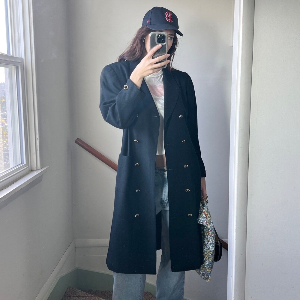 Vintage 80s Double Breasted Wool Trench Coat Jacket Gold Button Bold Shoulder XL
